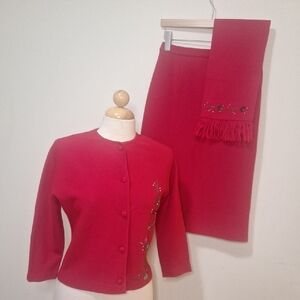 Vintage Lucia Made In Italy Wool 3 Pc. Knit Hand Embroidered Sweater/Skirt Set